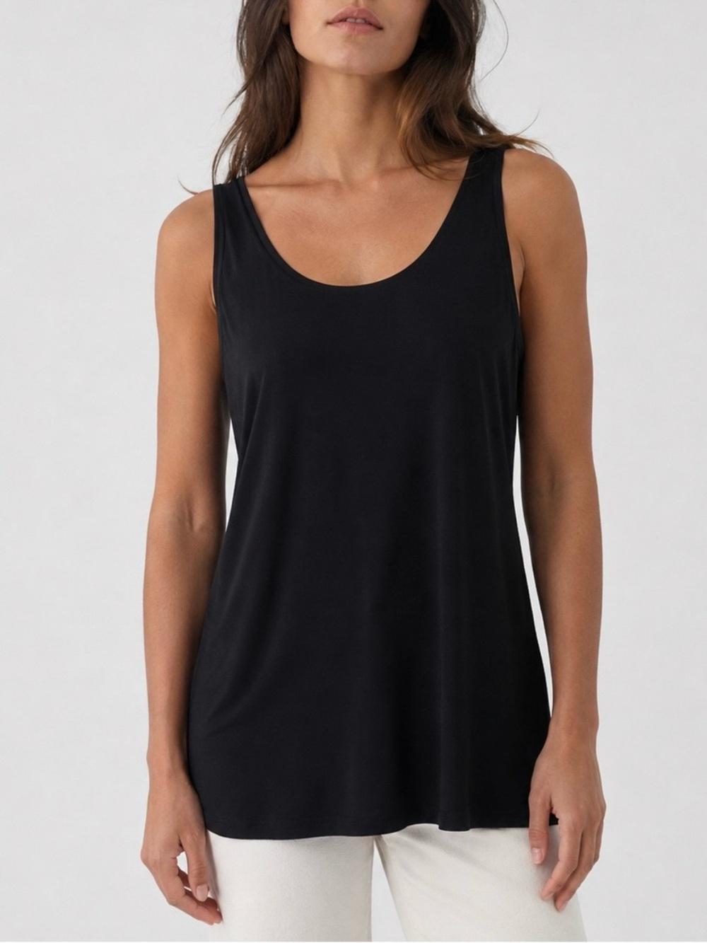 Eileen Fisher Silk Black Scoop Neck Tank Business Casual Stretch Classic Minimal